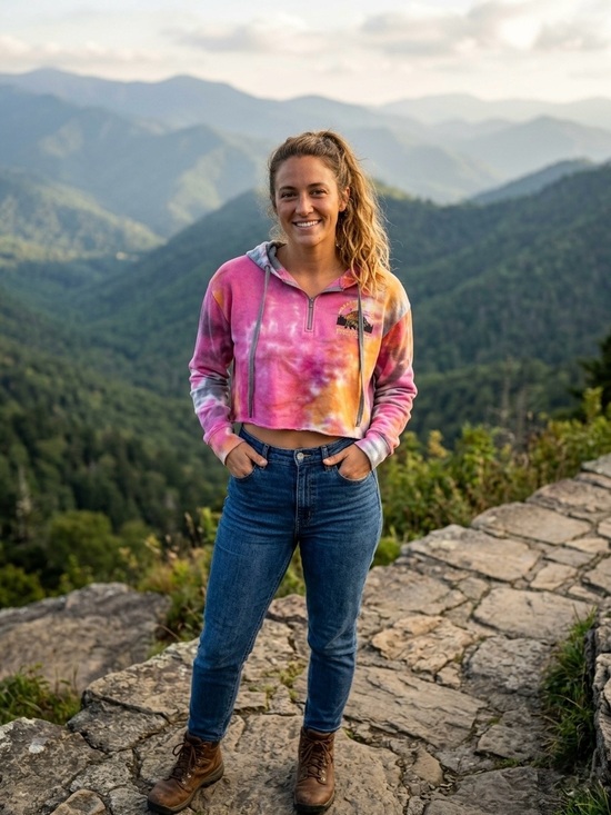 Tops - Great Smoky Mountains Awesome Concept Tie Dye Crop Zip Hoodie Large Pink